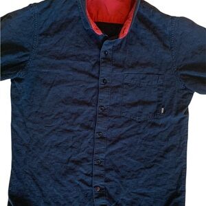 Men's Vans vintage Navy Blue Shirt with Red Collar 1 three stitching.